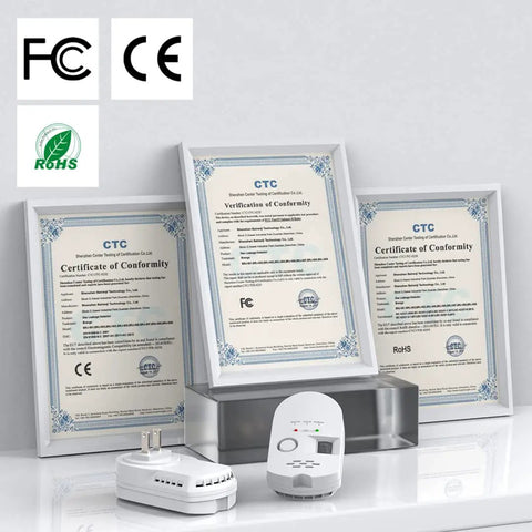 Multi Gas Leak Detector Plug In For Home Kitchen And RV No Fuss Combustible And Explosive Gas Alarm Detecting Propane Methane LPG LNG And Natural Gas With AC Power And Quick Alerts next to certification documents, showcasing product safety and compliance.