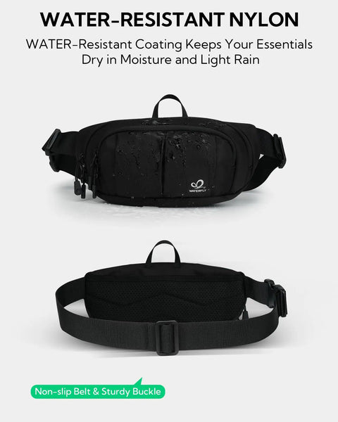 All Day RFID Blocking Fanny Pack With Extender Strap 2.5L Crossbody Waist Pack showing water-resistant nylon material