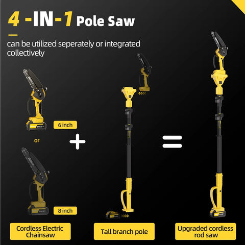4-In-1 Electric Pole Saw With 9.2 Ft Reach, 6-Inch And 8-Inch Cordless Chainsaw, includes extension pole