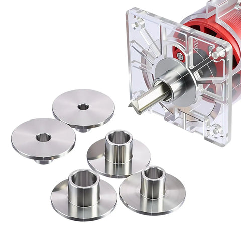 Heavy Duty Stainless Steel Router Template Bushing Guide Set with interchangeable sizes for woodworking precision.