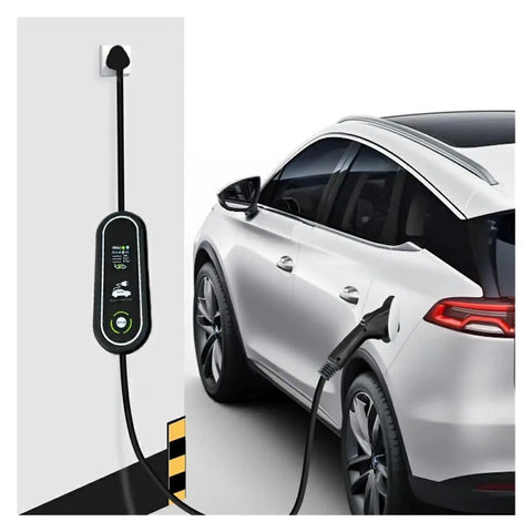 Hassle Free Portable Ev Charger With Type One And Type Two Plugs For Any Electric Ride Heavy Duty Ip67 Weatherproof Cable Built To Take A Beating Smart 16 Amp Charging Station connected to a parked electric vehicle.