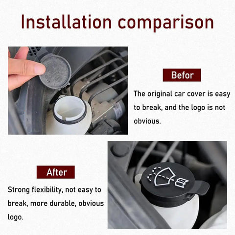 Two Pack Windshield Washer Fluid Reservoir Cap Replacement Fits Chevy Buick Cadillac OE Numbers 13227300 12767700 12788573 19172571 Durable Plastic Reservoir Cap For Easy Under Hood Maintenance And Leak Prevention before and after installation comparison