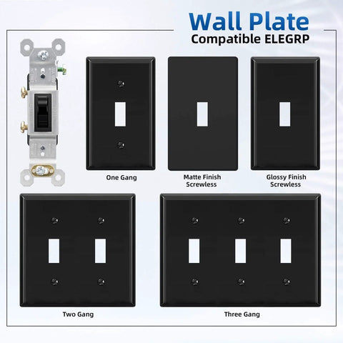 Single Pole Toggle Light Switch 15 Amp 120 Volt Quiet In Wall On Off Switch Replacement Self Grounding Clip shown with black wall plates.