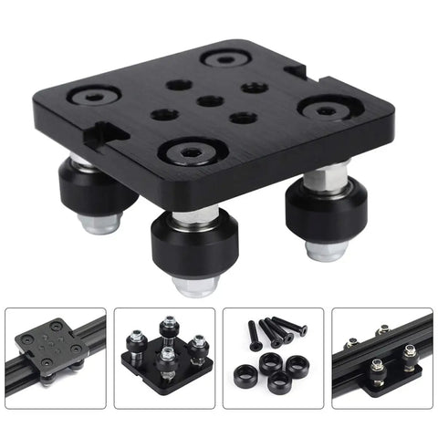 2040 European Aluminum Profile Pulley V Groove Compact Five Wheel Gantry Plate for 3D Printer Accessories with Black Aluminum Alloy Frame and Easy Mounting on Extrusions Durable Lightweight Build Dope for DIY Builders, black gantry plate with four V-groove wheels