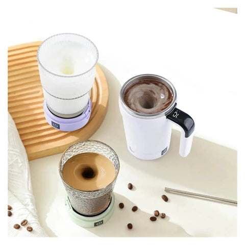 Self Stirring Coffee Mug With Automatic Magnetic Mixing And Smart Temp Sensor Usb Rechargeable Travel Cup That Keeps Your Brew Piping Hot For Zero Hassle Smooth Sippin Every Damn Morning Purple on a table with coffee
