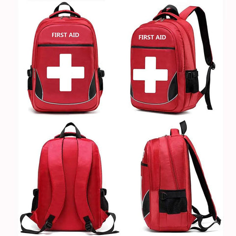 First aid backpack, red with white cross, multi-pocket design; front and side views.