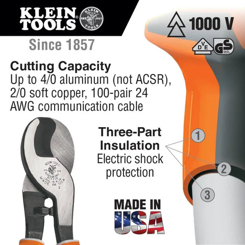 Insulated Electrician Cable Cutter 1000V Rated And VDE Certified Pro Grade Workhorse For The Job That Cuts Up To 4/0 Aluminum Not ACSR 2/0 Soft Copper And 100 Pair 24 AWG Communications Cable Three Part White Underlayer Warns If Insulation Is Compromised
