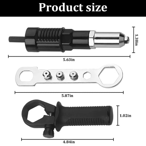 Cordless Rivet Gun Adapter Kit With 2.4mm 3.2mm 4.0mm And 4.8mm Heads showing tool sizes and components