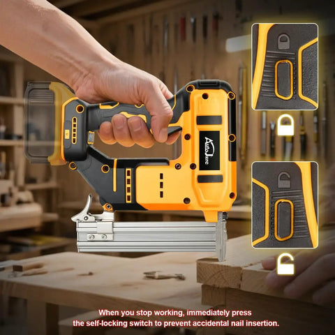 Smooth Operator 18 Gauge Cordless Brad Nailer And Stapler Brushless Design with self-locking switch for safety.