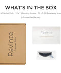 What's in the box image showing 5 x Slick Matte Black Cabinet Cup Pulls And Drawer Handles 3 Inch Center To Center Spacing 5 Pack.