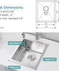 Diagram and photo of Undermount 19 Inch Single Bowl Stainless Steel Kitchen Sink SUS304 Space Saver showing dimensions and drain