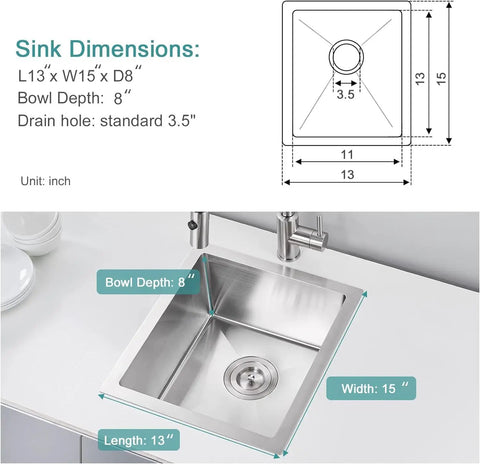 Diagram and photo of Undermount 19 Inch Single Bowl Stainless Steel Kitchen Sink SUS304 Space Saver showing dimensions and drain