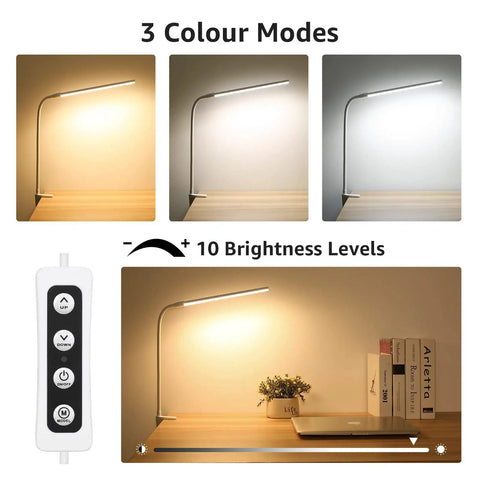 Space Saving Clip On Desk Lamp With Clamp USB Gooseneck Reading Light 450 Lumens 3 Color Modes And Dimmable Brightness display