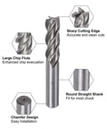 Carbide end mill, 4-flute, round shank, front view.