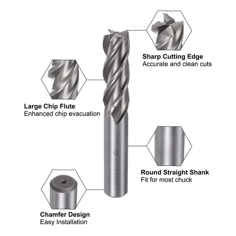 Carbide end mill, 4-flute, round shank, front view.