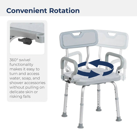 PreserveTech 360 Degree Swivel Shower Chair With Arms And Back For Safe Bath Time showing swivel seat and 90° lock mechanism