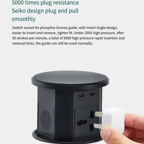 Slick Smart Pop Up Desk Power Strip With Built In Wireless Charging And Auto Lift Design Flame Retardant hidden layout showcasing plug connections.