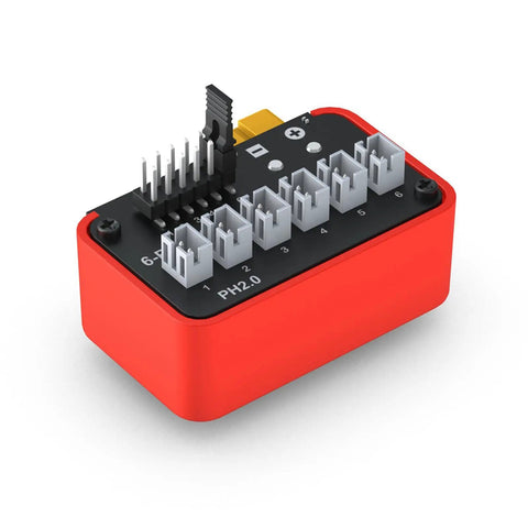 Six Port Battery Charging Hub With BT2.0 And PH2.0 Connectors, red casing, for RC toys drones and hobby cells.