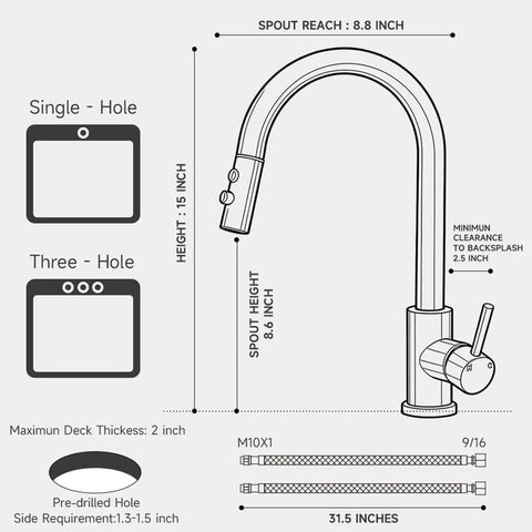 Diagram of Black Kitchen Faucet With Pull Down Sprayer And Single Handle Pullout Design, showcasing dimensions and installation options.