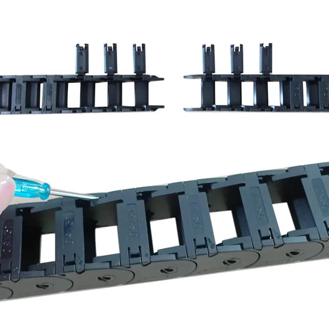 Open Type Drag Chain Cable Carrier 39.4 Inch for CNC Router Mill and 3D Printer with R28 Bend Radius Nylon PA66, screwdriver shown