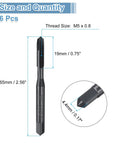 Heavy Duty No Nonsense M5x0.8 Spiral Point Metric Taps 6 Piece Kit size diagram showing 65mm length and 19mm threading.