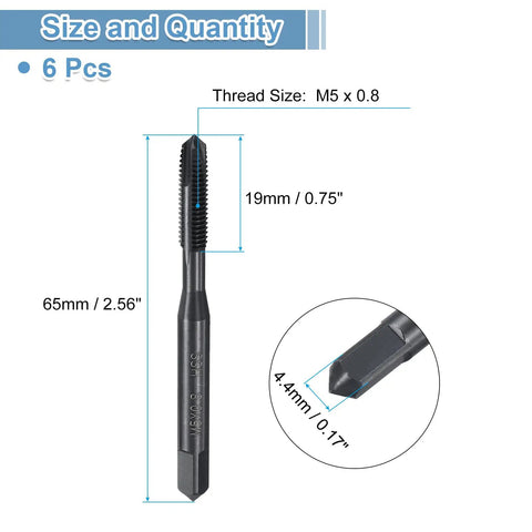 Heavy Duty No Nonsense M5x0.8 Spiral Point Metric Taps 6 Piece Kit size diagram showing 65mm length and 19mm threading.