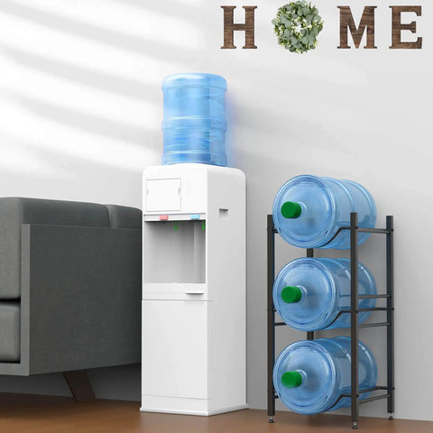 Heavy Duty Steel Water Jug Holder Stand For 5 Gallon Bottles, 3 Tier Water Bottle Organizer in home setting next to dispenser.