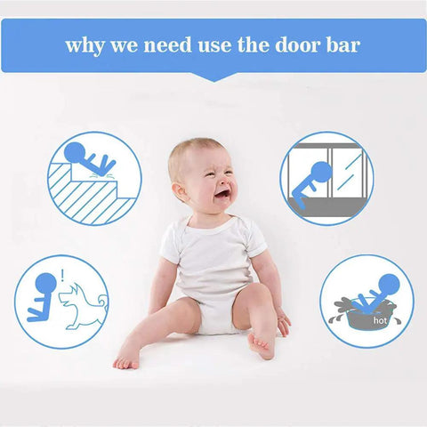 Illustration of baby with diagrams showing safety risks, promoting Heavy Duty Pet Safety Gate With Auto Close for child safety.