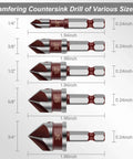 Five-piece HSS countersink drill bit set with 1/4 in hex shanks; sizes 1/4 to 3/4 in for wood, metal, plastic