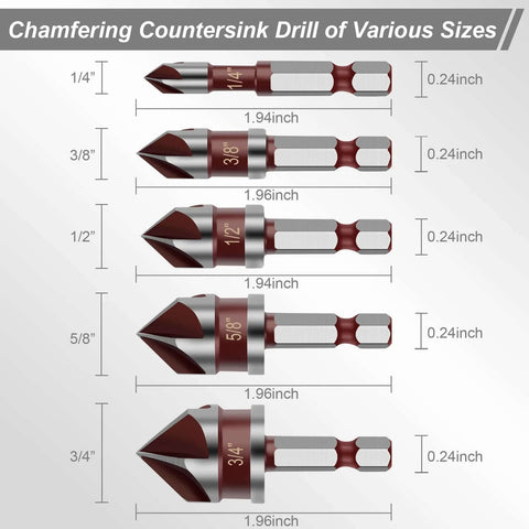 Five-piece HSS countersink drill bit set with 1/4 in hex shanks; sizes 1/4 to 3/4 in for wood, metal, plastic