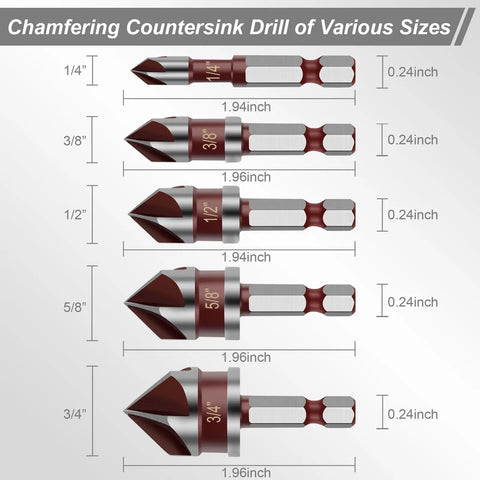 Five Piece Countersink Drill Bit Set With 82 Degree HSS Countersink Bits For Wood Metal And Plastic Sizes One Quarter To Three Quarters Inch Includes One Quarter Hex Shank And DIY Friendly Durable Coated Bits Pro Grade Performance shown in various sizes from 1/4 to 3/4 inch with measurements.