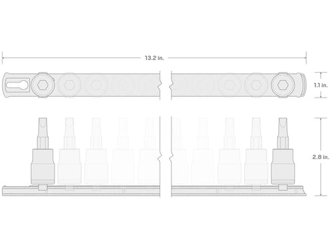 Schematics of 3/8 Inch Drive Torx Impact Bit Socket Set With Rail, 10 Piece T20 Through T60, Precise Torx Geometry And Two Piece Design