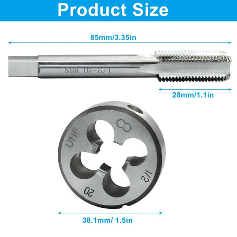 1/2-20 UNEF Tap And Die Set, Right Hand Thread Cutting Kit, High Speed Steel Tap And Alloy Tool Steel Die, dimensions shown