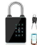 Smart Padlock With Keyless Entry And Bluetooth Keypad Water Resistant For Indoor And Outdoor Use 7 Point 5 Millimeter Stainless Steel Shackle One Year Battery Life Four Unlock Methods App Code Cards Keys, showing keypad, shackle, keys, and phone app.