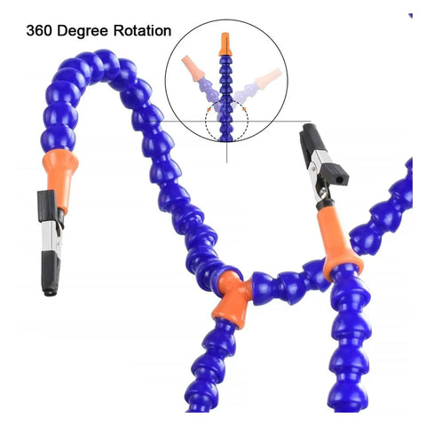 Close-up of flexible arm with clamp from Third Hand Soldering Stand With Adjustable Metal Gooseneck Arms, showing 360° rotation.