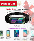 No Bounce Slim Running Belt Fanny Pack For Hiking And Cycling With Reflective Jogging Pouch displaying phone compatibility and dimensions.