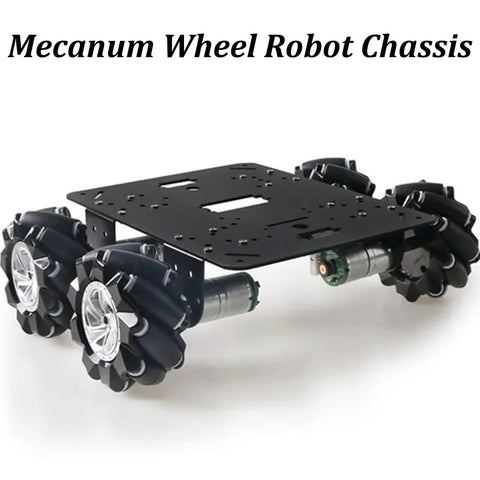 MC200 80mm mecanum wheel robot chassis with metal frame and four DC motors, black