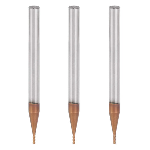 Three-piece set of tungsten carbide end mills with silver shanks and copper tips; 4-flute, 10mm cutting length