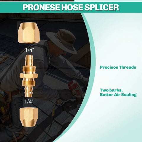 Beefed Up Solid Brass Air Hose Splicer Repair Kit For One Quarter Inch ID Hoses, Reusable Fittings With 3/8 Inch Barb shown in use