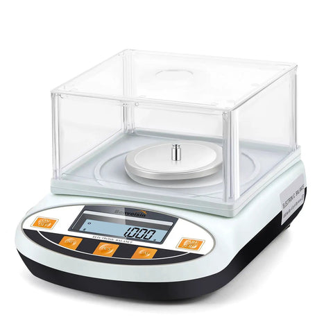 Pro Grade 500g Analytical Balance With 0.001g Readability Digital Lab Scale, featuring windshield for accurate scientific weighing.