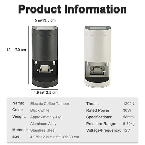 Automatic Coffee Tamper Machine With Constant Pressure And Adjustable Timing For Perfect Espresso Shots, black and white units with dimensions.