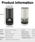 Automatic Digital Espresso Tamper Fits Standard 58mm Portafilter, black and white, 12 inches tall, stainless steel, touchscreen interface.