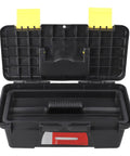 Open Portable 10 Inch Plastic Toolbox With Dual Layer Organization for Electricians, Carpenters, DIY Projects, Jobsite Ready