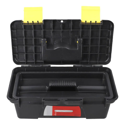 Open Portable 10 Inch Plastic Toolbox With Dual Layer Organization for Electricians, Carpenters, DIY Projects, Jobsite Ready