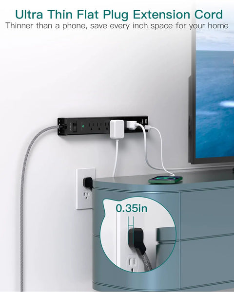 Legit Badass Surge Protector Power Strip With Super Long 5 Foot Slim Extension Cord side view showing flat plug and AC outlets.