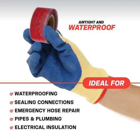 Gloved hand holding self-fusing silicone rescue tape for emergency plumbing and radiator hose repair, waterproof and heat resistant.