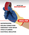 Gloved hand holding Rescue Tape Self Fusing Silicone Tape For Emergency Plumbing And Radiator Hose Fast Fix, Waterproof Electrical Insulation, 950 PSI, 1 Inch Wide By 36 Feet Long, 0.02 Inch Thick, Clear.