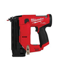 Side view of M12 Fuel 18 Gauge Compact Brad Nailer With Tool Free Depth Adjustment Jam Clearing Latch Sequential And Contact Actuation Lightweight Cordless Nail Gun For Hardwoods Five Eighths Inch To One And A Half Inch Nails Reversible Belt Hook.