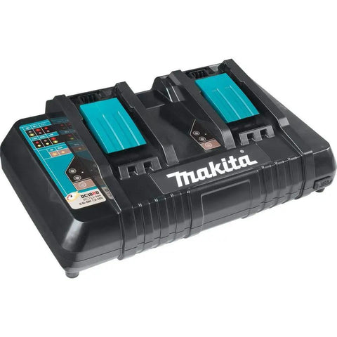 Makita dual battery charger for Badass 36V Cordless Leaf Blower Kit, compact design, efficient charging for outdoor cleanup.