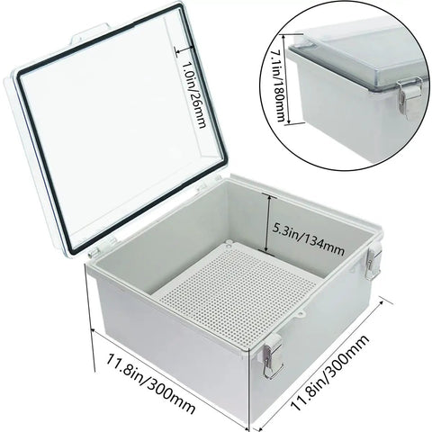 Rugged IP67 Waterproof ABS Junction Box With Hinged Clear Cover And Stainless Steel Latch, Includes 2 PG13.5 Cable Glands, Mounting Plate And Wall Bracket, 300mm square